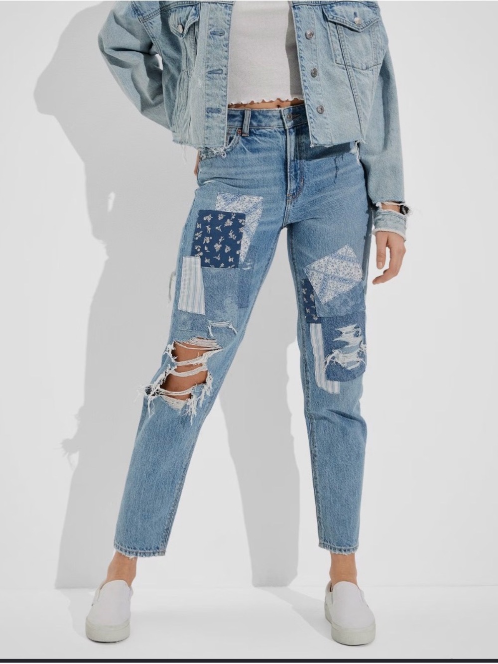 American Eagle Outfitters Light Blue Patchwork Distressed Boyfriend Jeans